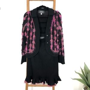 VINTAGE Egoiste black & pink feather blazer midi skirt suit size 4